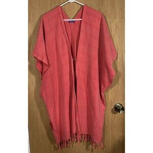 bujibaja Kimono 100 % Cotton Natural Dyed Coverup Coral Pink Tassels Western